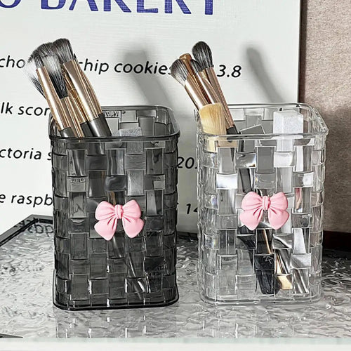 Clear Makeup Brush Organizer with Bow Decor Braided Texture Cosmetic Storage Box for Brushes, Lipsticks & Eyebrow Pen No Lid