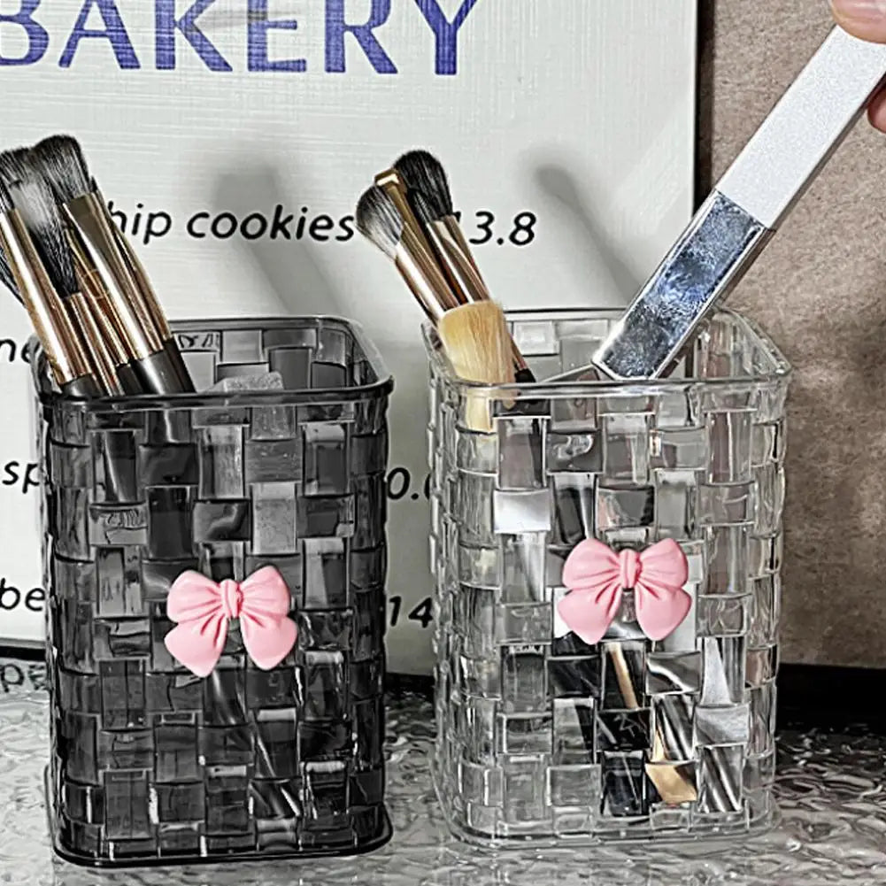 Clear Makeup Brush Organizer with Bow Decor Braided Texture Cosmetic Storage Box for Brushes, Lipsticks & Eyebrow Pen No Lid