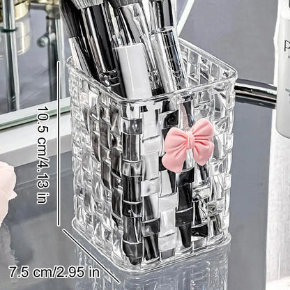 Clear Makeup Brush Organizer with Bow Decor Braided Texture Cosmetic Storage Box for Brushes, Lipsticks & Eyebrow Pen No Lid