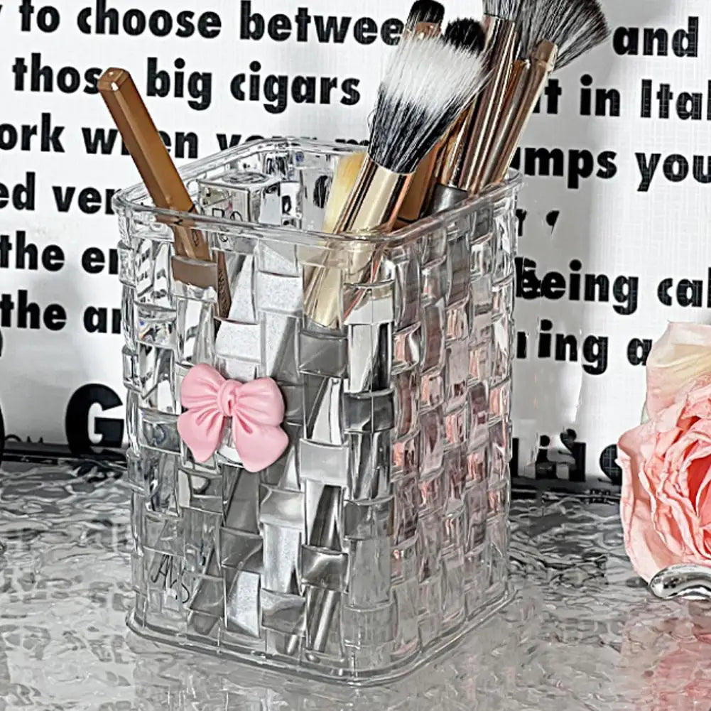 Clear Makeup Brush Organizer with Bow Decor Braided Texture Cosmetic Storage Box for Brushes, Lipsticks & Eyebrow Pen No Lid