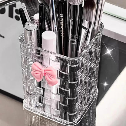 Clear Makeup Brush Organizer with Bow Decor Braided Texture Cosmetic Storage Box for Brushes, Lipsticks & Eyebrow Pen No Lid
